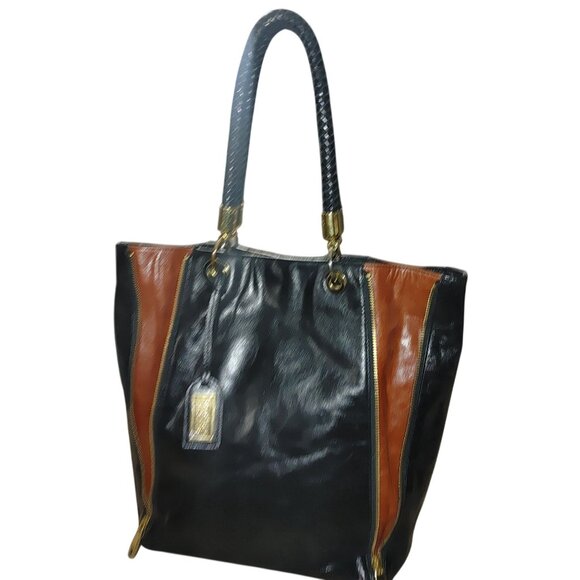 Badgley Mischka Expandable Black Leather Bucket Bag Tote Shopper Mayra Shine - Picture 12 of 16